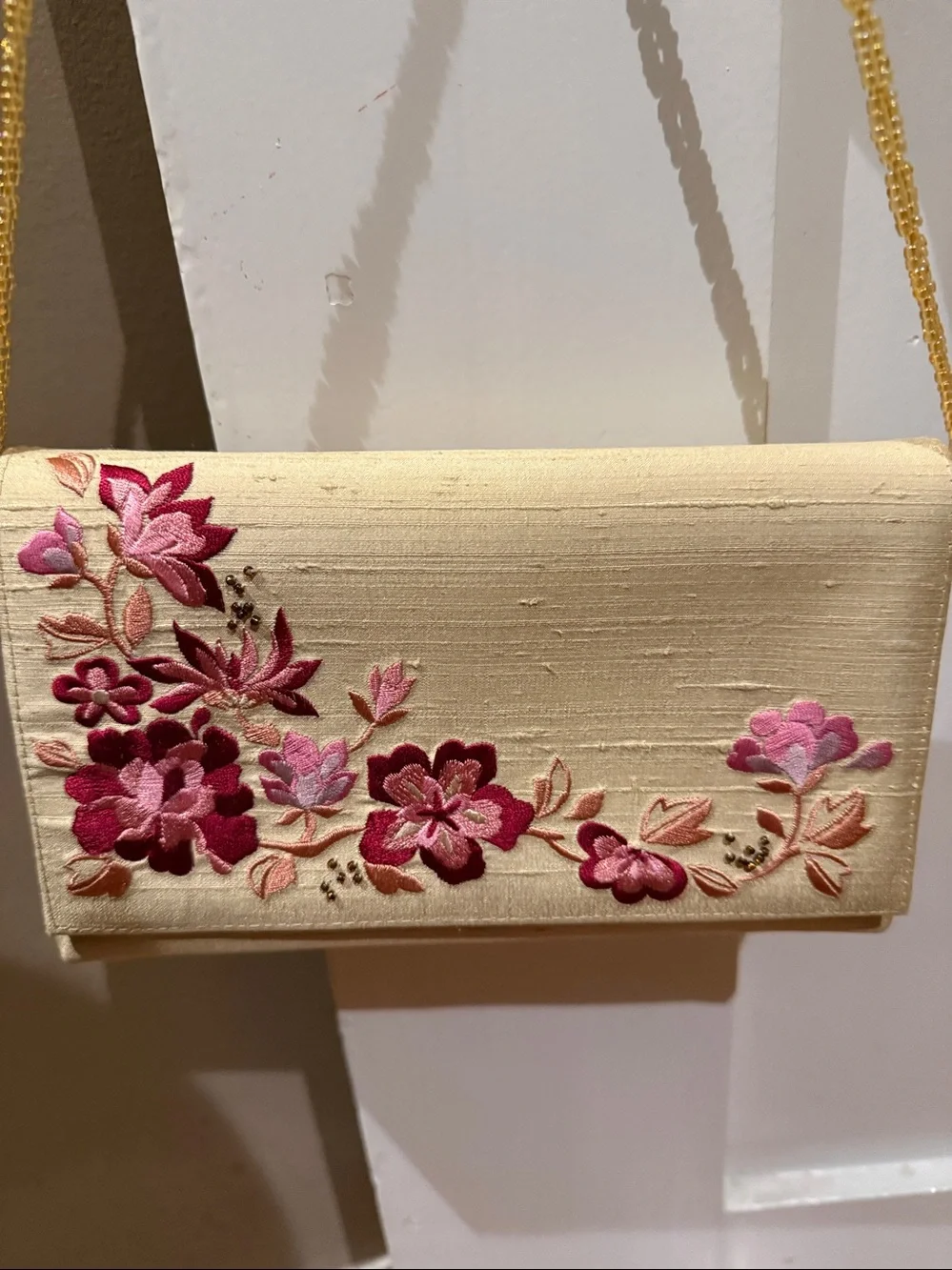 Embroidered Cream Evening Clutch with Pink Floral Accents